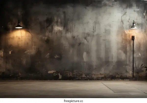 Two vintage industrial lamps on a grunge concrete wall background