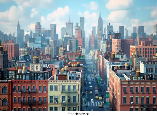 A bustling metropolis with towering skyscrapers and teeming streets