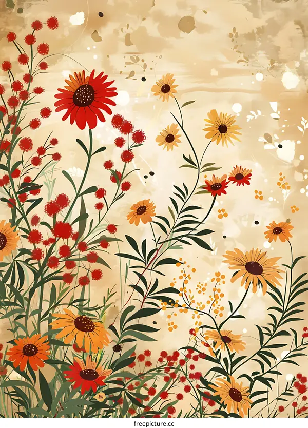 Vintage Floral Pattern with Red and Yellow Flowers on a Beige Background