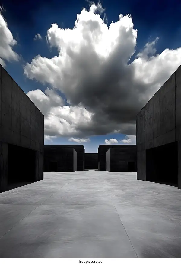 Abstract Minimalist Concrete Architecture with Blue Sky and Clouds