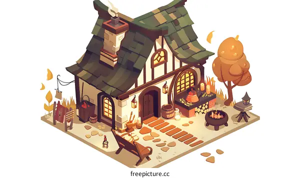 Cozy Cottage Illustration With Autumn Leaves