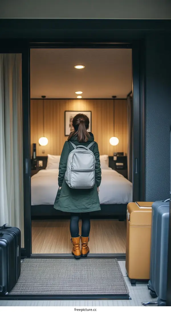 Woman Traveler Entering a Hotel Room