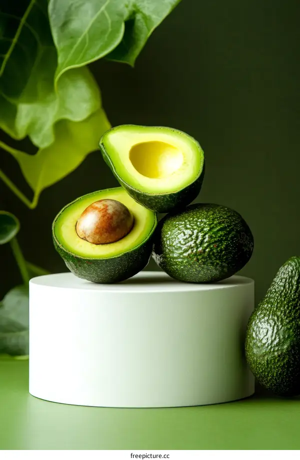 Fresh Avocado Display on White Pedestal