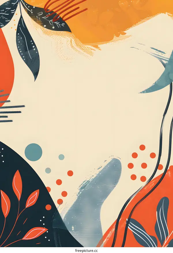 Abstract  Art Illustration Background with  Leaves, Orange, Blue, and Red Colors