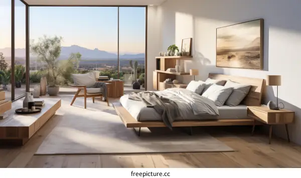 Modern bedroom interior design with large windows and a beautiful view