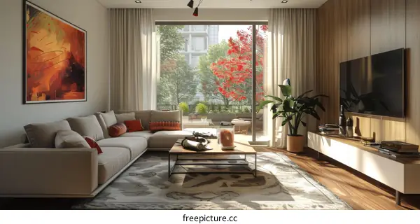 Modern Living Room with City Skyline Views