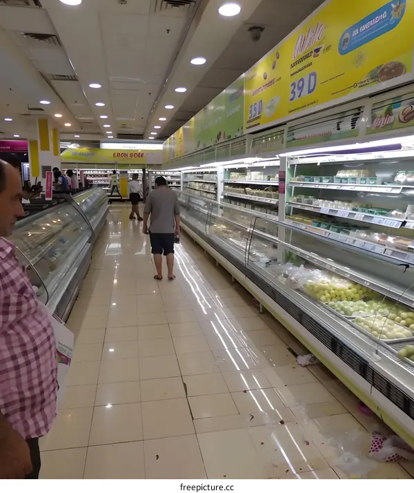 Grocery Store Aisle With Fresh Produce And Refrigerated Cases