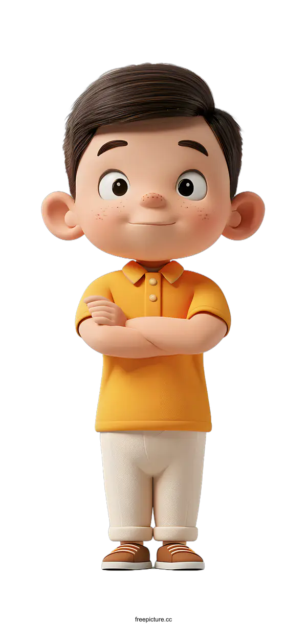 [Transparent Background PNG]A 3D rendering of a boy in a yellow shirt and white pants