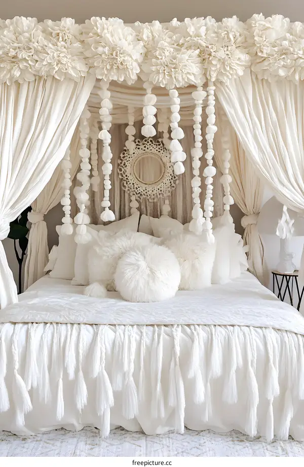 White Canopy Bed with Tassels and Fluffy Pillows