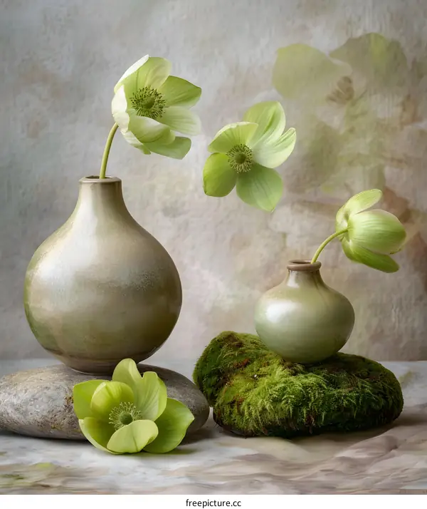 Green Flowers in Vases on Rocks