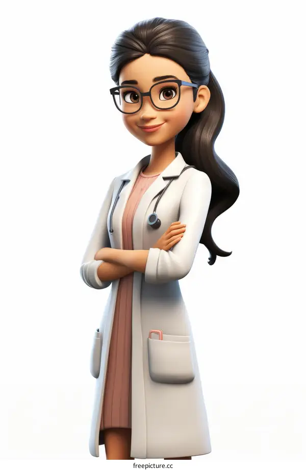 A female doctor in a white coat with a pink dress underneath it. She has brown hair and glasses.
