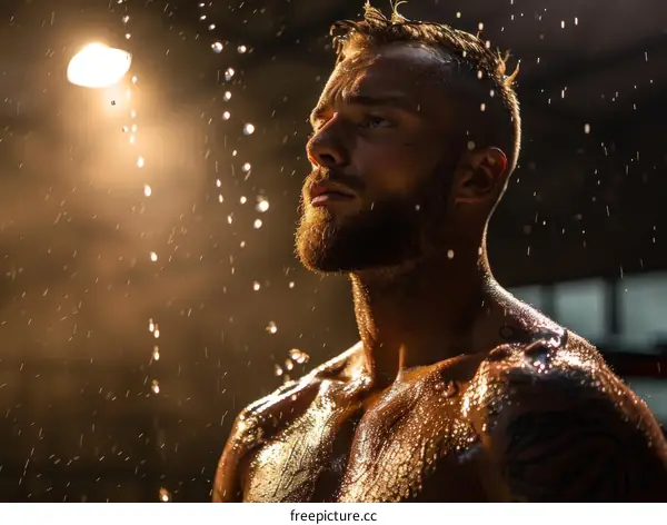 portrait of a male bodybuilder with water drops on his skin