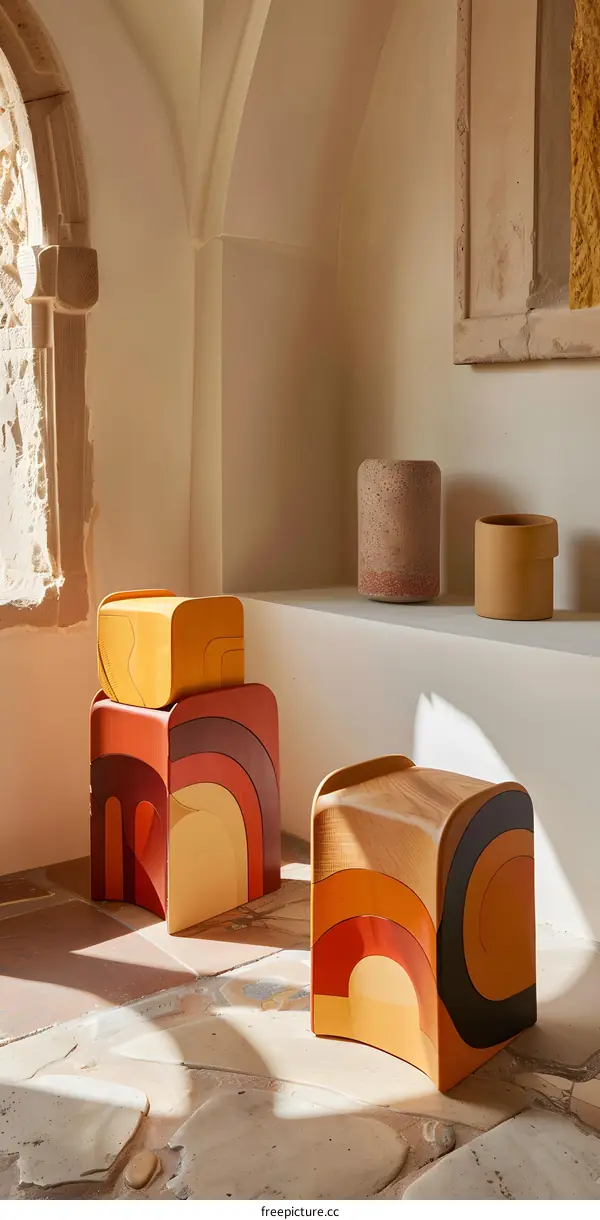 Modern Interior Design With Colorful Wooden Stools