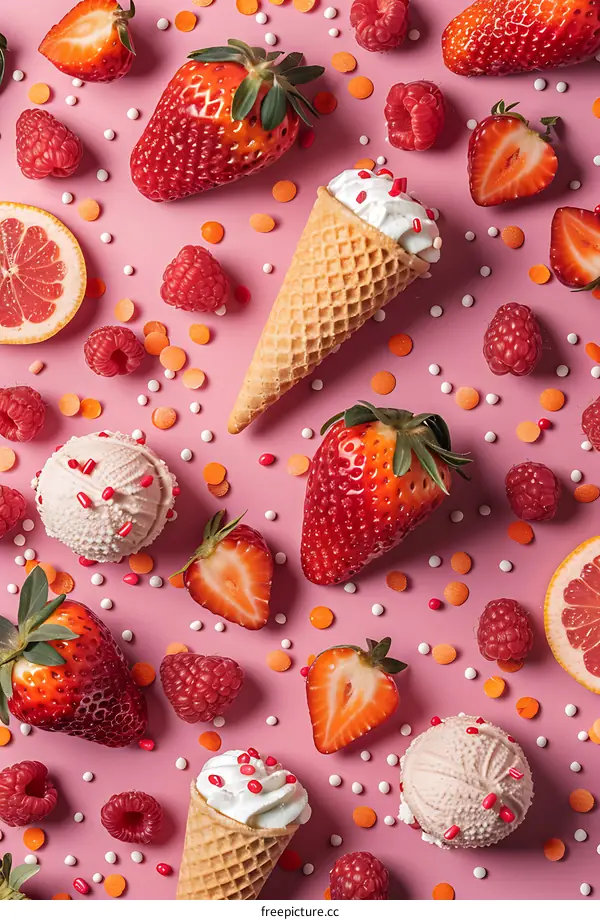 Summer Food Photography with Ice Cream Cones, Strawberries, and Raspberries