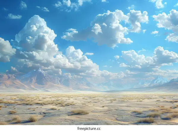 Snowcapped mountains and dry grass in the desert