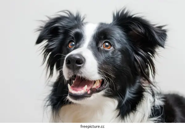 A cute Border Collie dog looking up with a happy expression