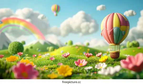 A hot air balloon floats over a field of flowers with a rainbow in the background