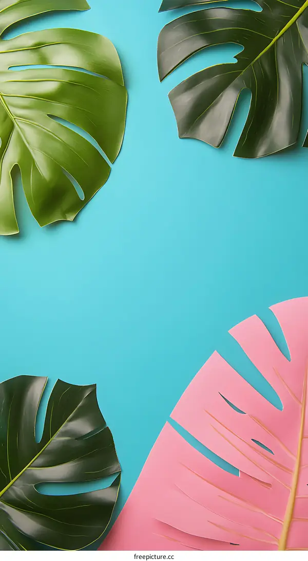 Tropical Leaf Background Green and Pink Monstera Leaves on Blue Background