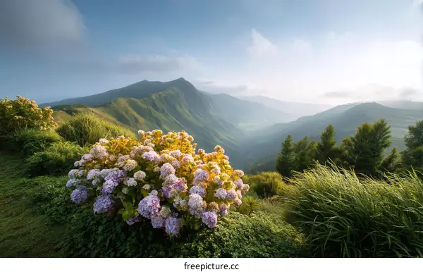 Majestic Mountain View with Blooming Flowers