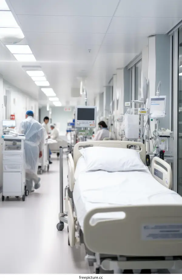 Intensive care unit with empty bed in foreground and medical staff in background