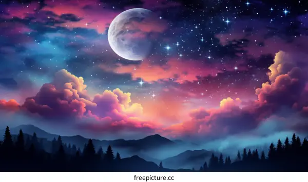 Mystical Forest Landscape with a Giant Moon and Vibrant Clouds