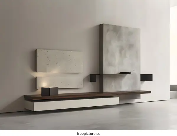 Modern Wall Mounted TV Stand with Concrete Panels and Wooden Shelf