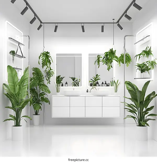 Minimalist Bathroom Interior Design with White Walls and Green Plants