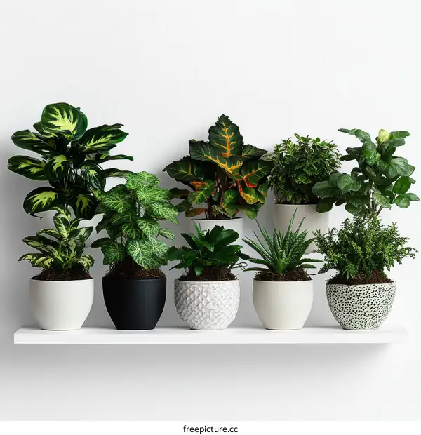 Variety of Houseplants on a White Shelf