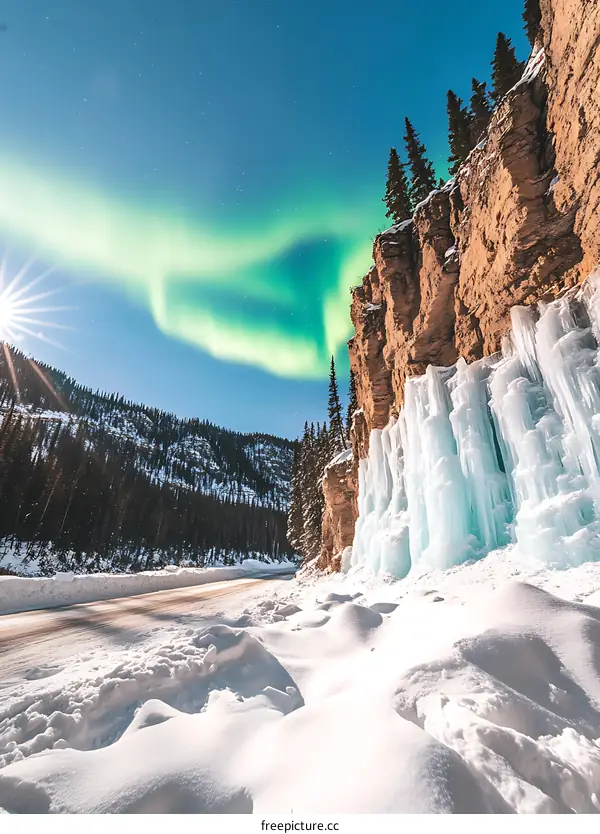 Winter Landscape with Northern Lights and Icefalls