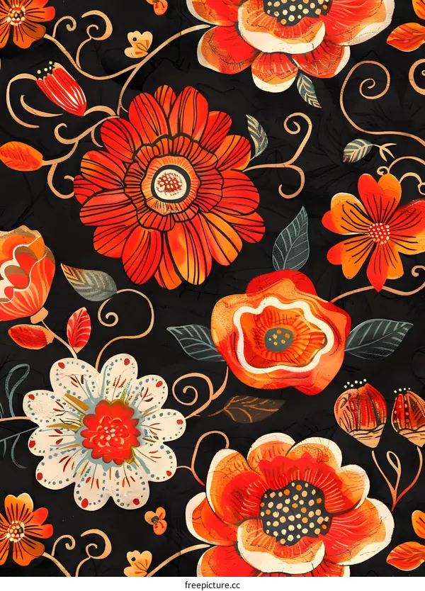 Floral Pattern with Red Orange and Yellow Flowers on Black Background