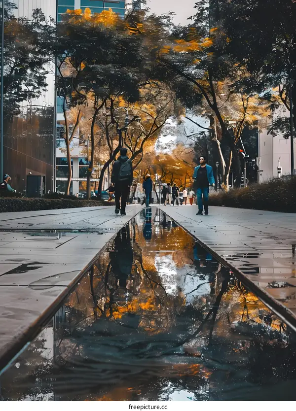 People Walking on a City Street With Reflections in a Puddle