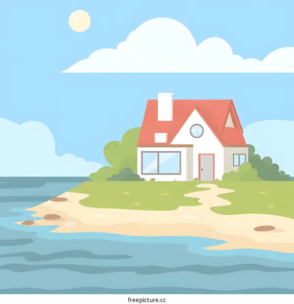 White House with Red Roof on the Coast