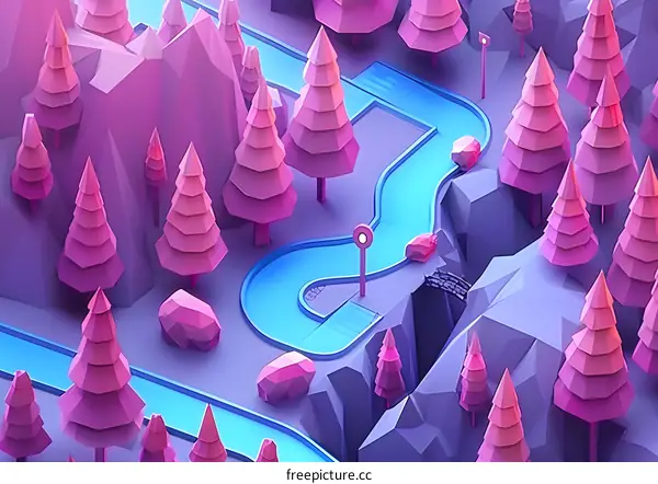Low Poly Forest Landscape Illustration With Winding Stream