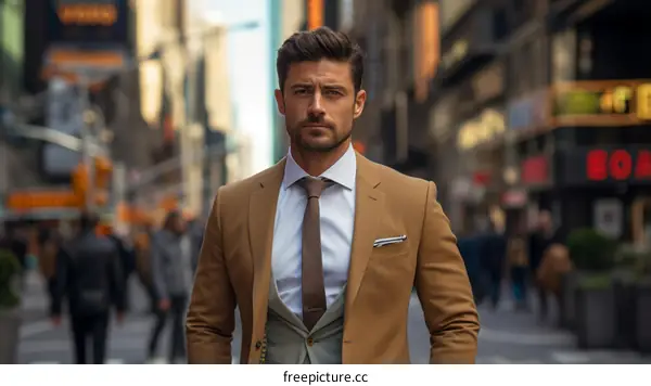 A man in a suit standing in the middle of a busy street