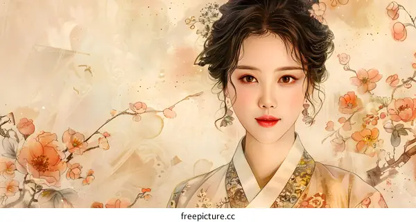 Beautiful Asian Woman in Traditional Hanbok with Flowers