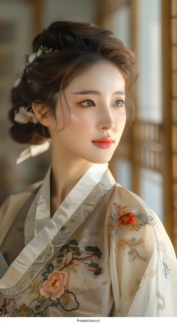Portrait of a beautiful Asian woman in traditional Korean dress, or Hanbok