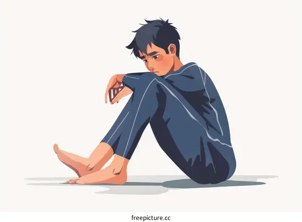 Illustration of a sad Asian man sitting on the floor