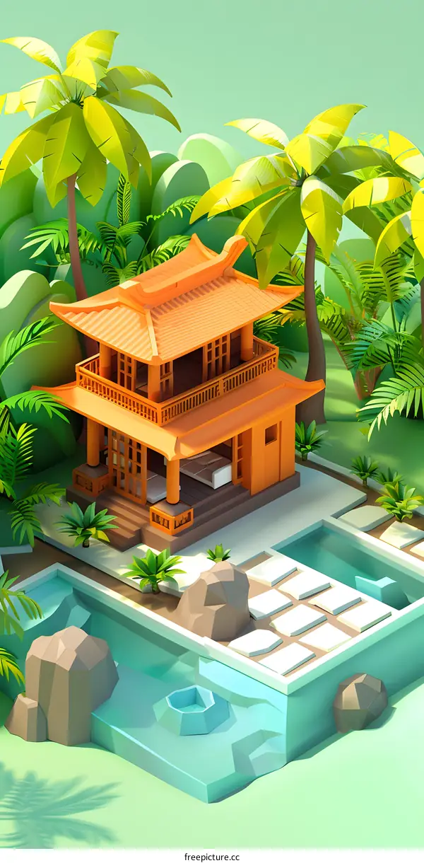Low Poly Style 3D Illustration of a Tropical House with a Pool