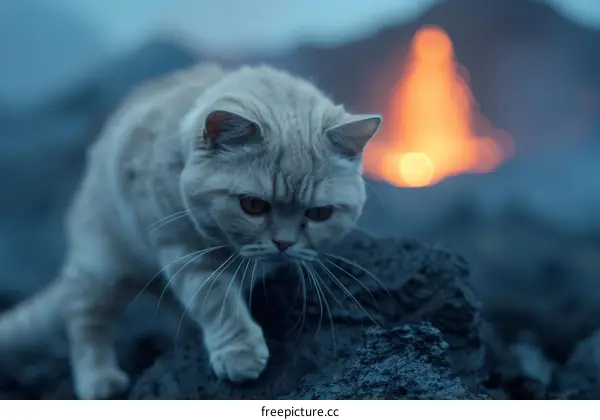 Cat near an erupting volcano
