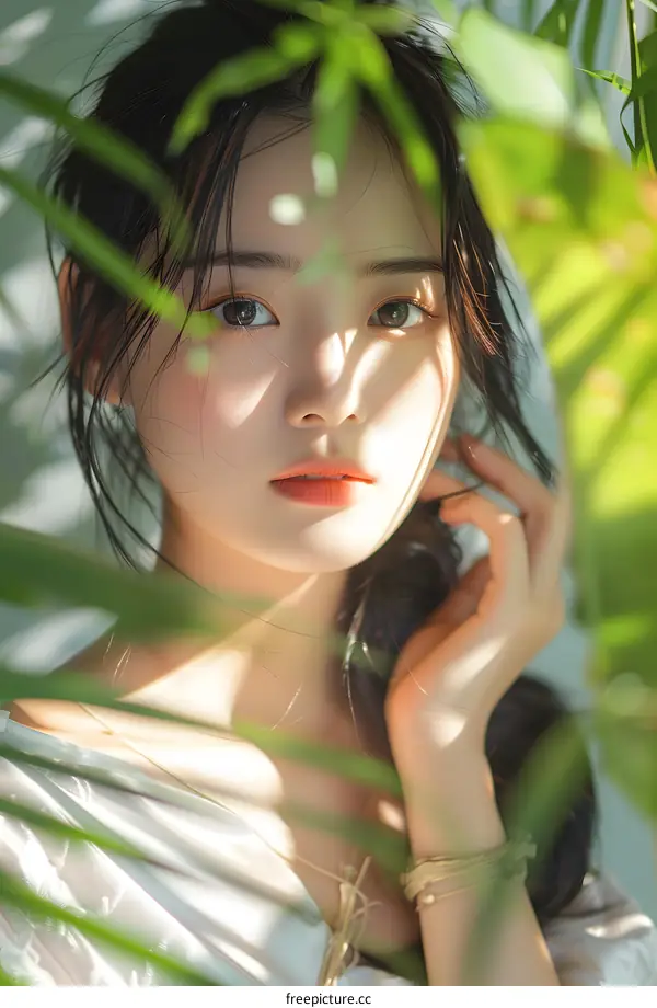 Beautiful Asian Woman Portrait with Green Leaves