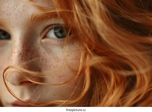 Close-up portrait of a young redheaded girl with freckles on her face