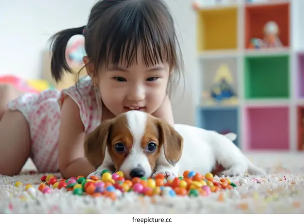 Asian toddler girl playing with a puppy