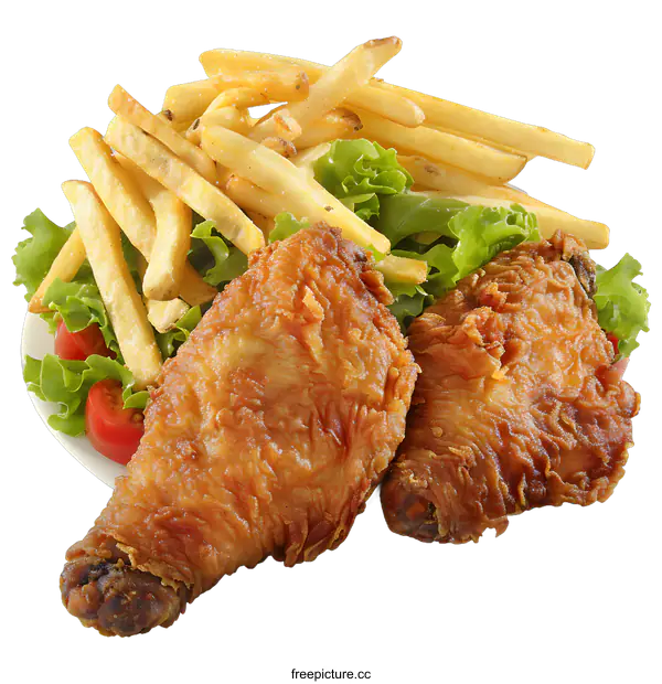[Transparent Background PNG]Fried Chicken with French Fries and Salad
