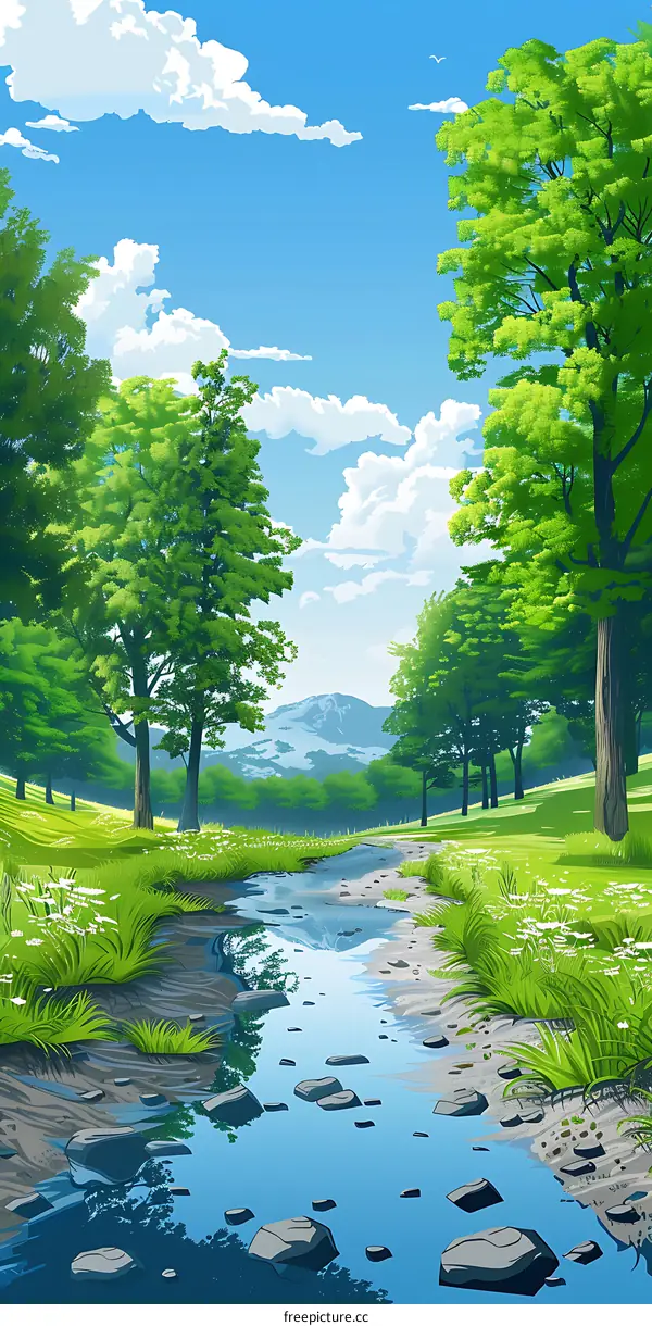 Summer Landscape with Stream and Trees