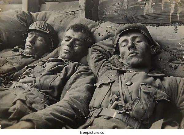 Three soldiers sleeping in a trench during World War I