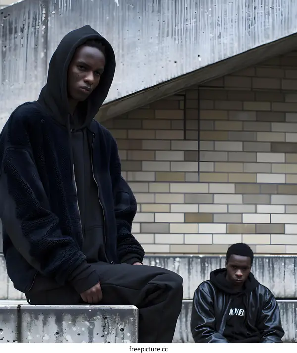 Two Black Men Wearing Hoodies Sitting On Concrete Steps