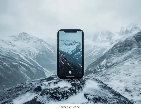 Smartphone on a Mountain Peak with Snow