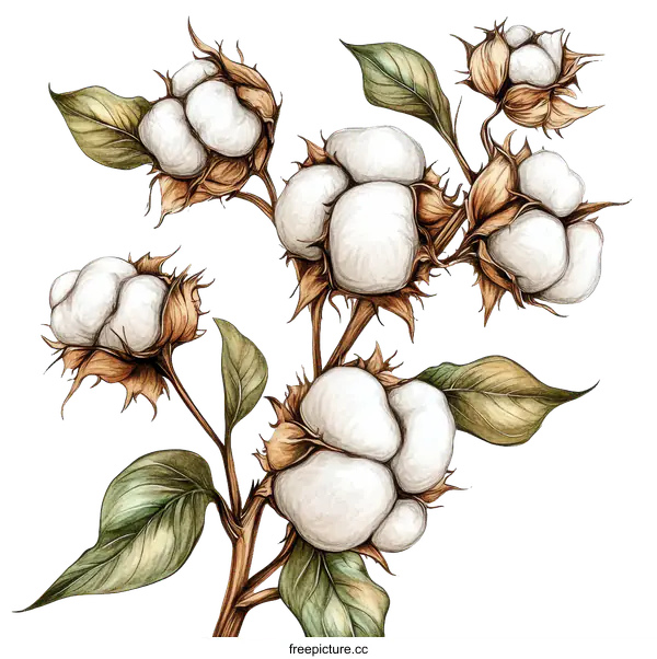 [Transparent Background PNG]Cotton Plant Illustration with Detailed Floral Design