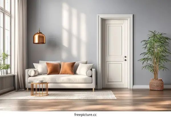 Modern Living Room Interior Design with Copper Pendant Light