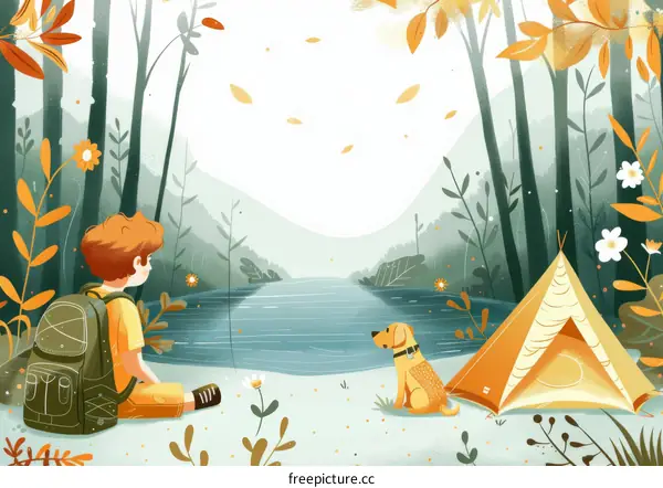 A boy and his dog are camping in the woods